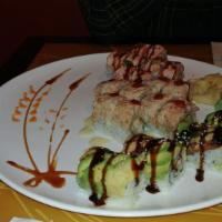 Martini Roll · Spicy real crab on top jumbo shrimp tempura inside.