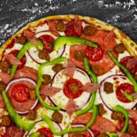 Deluxe Pizza (Small 10'')Gf · Salami, pepperoni, Italian Sausage, bell peppers and onions.
