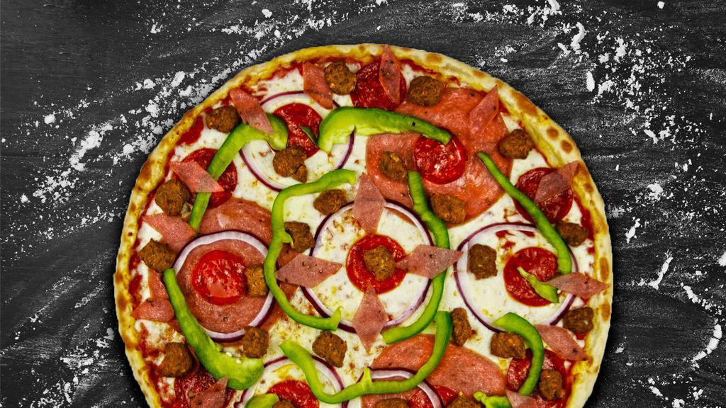 Deluxe Pizza (Small 10'')Gf · Salami, pepperoni, Italian Sausage, bell peppers and onions.