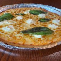 White Pizza (Large 14'')Gf · Vegetarian. Olive oil base with fresh basil, fresh garlic, mozzarella and ricotta dollops.