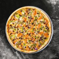 Veggie Pizza (Large 14'')Gf · Vegetarian. Spinach, artichoke, fresh garlic, tomatoes, fresh basil, bell peppers, black oli...