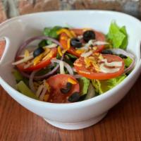 House Salad · Fresh green lettuce mix, tomatoes, black olives, red onions, bell peppers and shredded mozza...