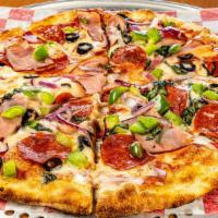 11' Supreme Pizza · Mozzarella, Red Sauce, Canadian Bacon, Pepperoni, Red Peppers, Green Peppers, Black Olive, R...
