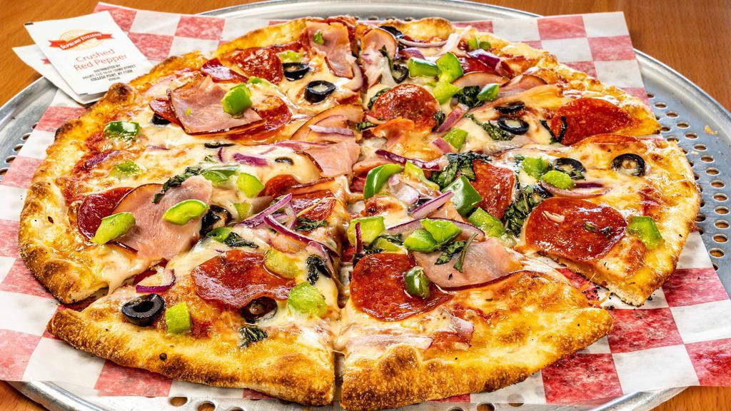 11' Supreme Pizza · Mozzarella, Red Sauce, Canadian Bacon, Pepperoni, Red Peppers, Green Peppers, Black Olive, Red Onion, Fresh Basil and Parmesan Cheese