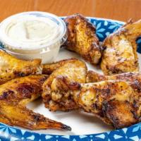 Wings (6) · Choice of plain, BBQ, or buffalo sauce, and choice of ranch or blue cheese dressing.