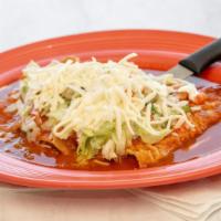 Enchilada · ANY CHOICE OF MEAT STEAK, CHICKEN CARNITAS, ALPASTOR, GROUND BEEF, TOPPED WITH RED, GREEN , ...