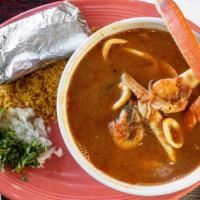 Caldo 7 Mares · spicy soup with shrimp, calamar, crableg , and tilapia