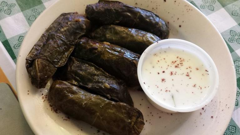 Meat Grape Leaves Plate · Stuffed with rice, ground beef, and parsley. Served with salad, hummus, and pita bread.
