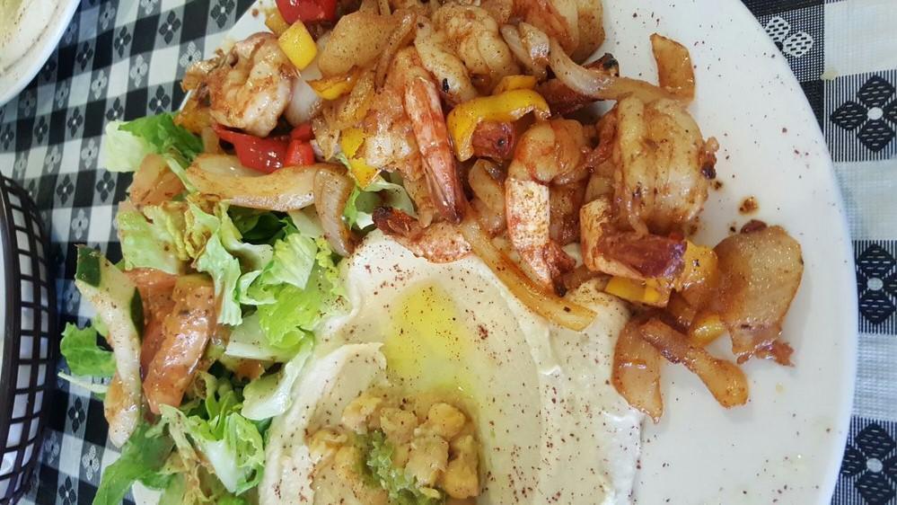 Shrimp Plate · Served with salad, hummus, and pita bread.