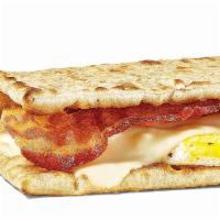 Bacon, Egg & Cheese · Start your day in a sizzlin' way with  bacon, egg, and melty cheese on freshly toasted flatb...