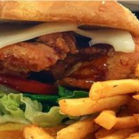 Honey Bbq Chicken Sandwich · Battered chicken breast, tossed in honey BBQ sauce. Topped with melted Swiss cheese, dressed...