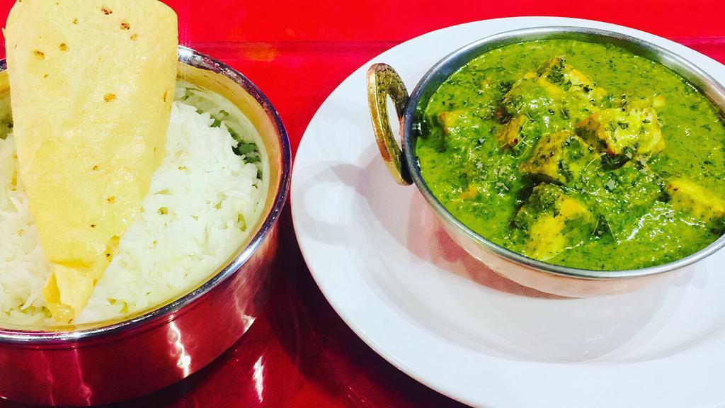 Palak Paneer · Homemade cheese cooked with spinach in a light creamy sauce, herbs and spices.