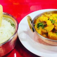 Aloo Gobi Curry · Potato and cauliflower cooked in nepali style with local herbs and spices, served with rice.