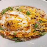 Mama T'S Spicy Bacon, Egg & Cheese Fried Rice · Gluten-free.  Spicy.  Sweet sausage,  bacon and onions topped with cheese and sunny side up ...