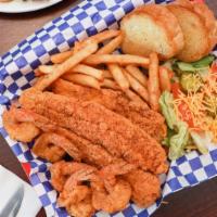 Seafood Platter · Catfish and Jumbo Shrimp with tossed salad, fries and toast.