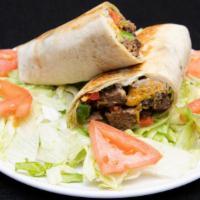 Wrap, Cheeseburger · Mayo, lettuce, tomatoes, red and green bell peppers, cheddar cheese and a seasoned beef burg...