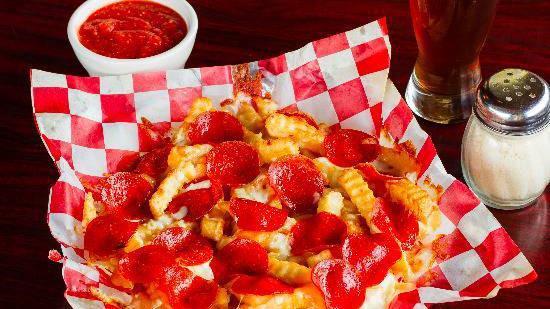 Pizza Fries · Topped with cheese and pepperoni, with pizza sauce.