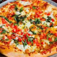 California Dreamin Pizza · Butter Parmesan sauce, spinach, artichoke hearts, mushrooms, fresh mozzarella, with sliced f...