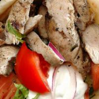 Greek Chicken Pita Sandwich · Grilled chicken strips, lettuce, tomato, onions, cucumbers, olives, feta cheese , homemade t...