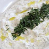 Haydari · Fresh pressed yogurt, garlic, creamy, olive oil, salt, dry mint.