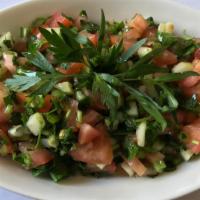 Turkish Salad (Çoban Salatası) · Diced tomato, cucumber, parsley, green peppers, onion, olive oil, lemon juice, salt. Add che...