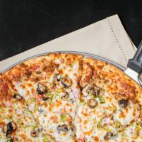 Colossus Pizza · Pepperoni, Italian sausage, ham, mushrooms, green peppers, red onion, and black olives.