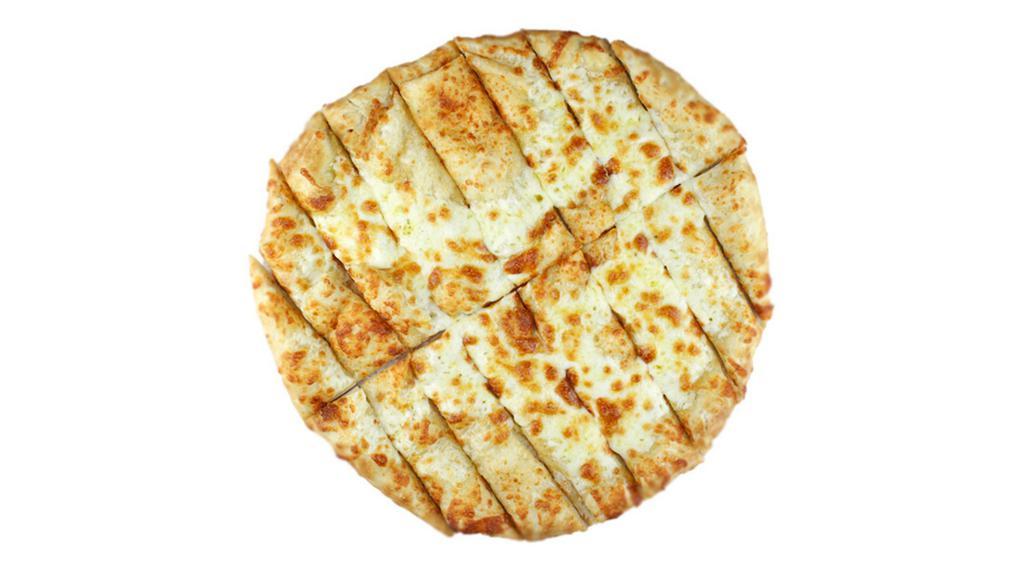 Cheesy Bread · 10'' pie brushed with mix of extra virgin olive oil, oregano and garlic and topped with a generous portion of mozzarella and cheddar cheeses.