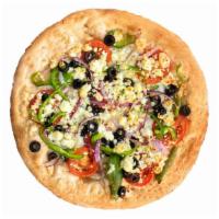 Greek Pizza · Olive oil base with black olives, feta cheese, fresh garlic, tomato, red onion bell peppers.