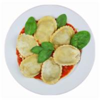 Ravioli · Choice of cheese or beef ravioli pasta stuffed with ricotta, parmesan and mozzarella topped ...
