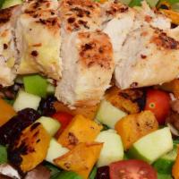 Char-Broiled Chicken Salad · Mixed green salad with tomatoes, carrots, cucumbers, dried cranberries, and 6 oz. marinated ...
