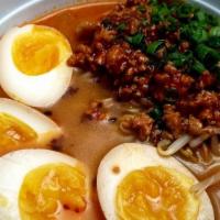 Spicy Miso Ramen · Pork-bone broth with miso base and Chili Oil, Spicy ground pork, Bamboo Shoots, Bean sprouts...