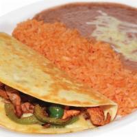 Fajita Quesadilla · Grilled bell peppers and grilled onions, cheese, and choice of steak or grilled chicken.