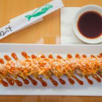 Crazy Roll (Fried) · shrimp tempura, imitation crab mix, cream cheese, Deep fried, Top with Spicy crunchy imitati...