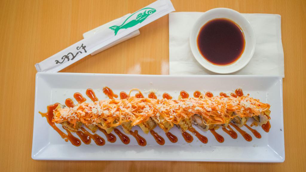 Crazy Roll (Fried) · shrimp tempura, imitation crab mix, cream cheese, Deep fried, Top with Spicy crunchy imitation crab mix and eel sauce.