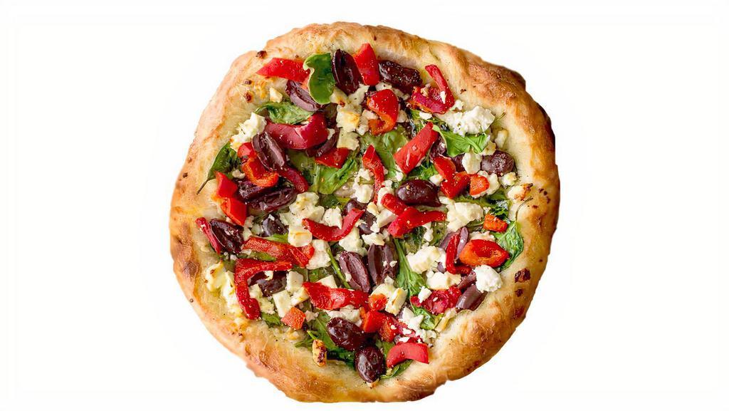 Greek Pizza · Olive Oil Base with Black Olives, Feta Cheese, Fresh Garlic, Tomato, Red Onion Bell Peppers.