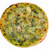 Pesto Pizza · A Basil Lovers fantasy with Our Homemade Pesto Sauce, Chicken Tomato and Green Peppers and P...