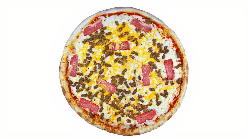 Cheeseburger Pizza · Our 100% Beef with Bacon, Cheddar Cheese and Premium Mozzarella.
