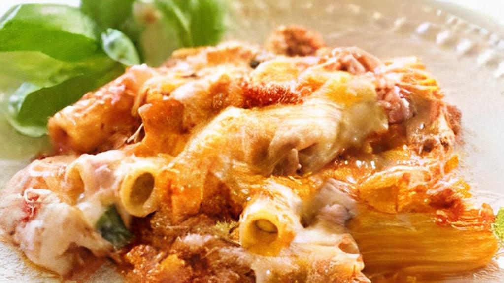 Baked Ziti · Italian Penne Pasta mixed with ricotta and Marinara, baked with Mozzarella Cheese.