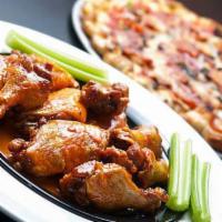 Small Buffalo Chicken Pizza And Wings · Pizza with grilled chicken and jalapeños dressed with mild Buffalo sauce. Comes with 6 wings...