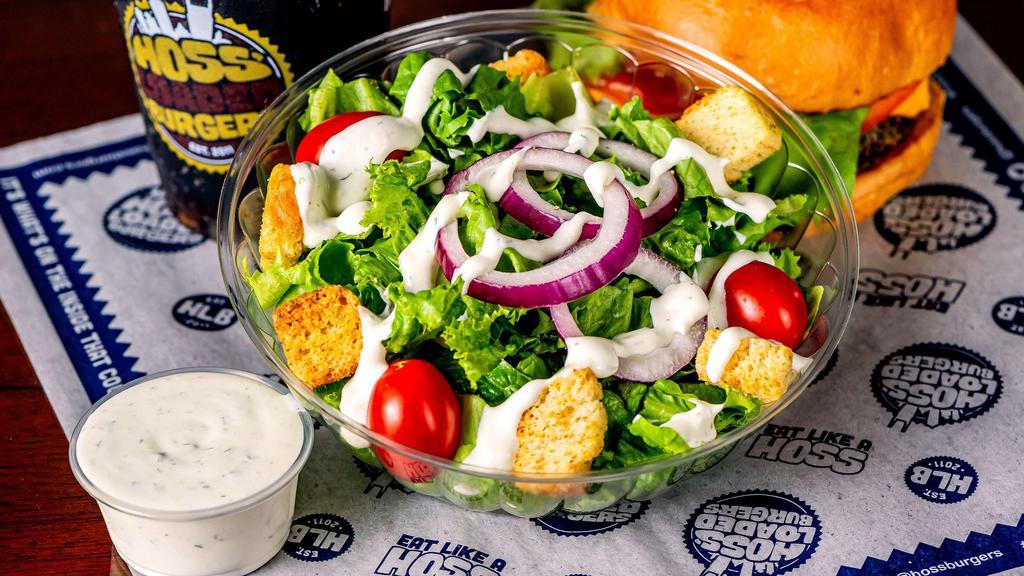 Side Salad · Organic spring mix, tomato, onion,  herbed croutons, and your choice of dressing (house-made buttermilk ranch, honey mustard, or balsamic vinaigrette).