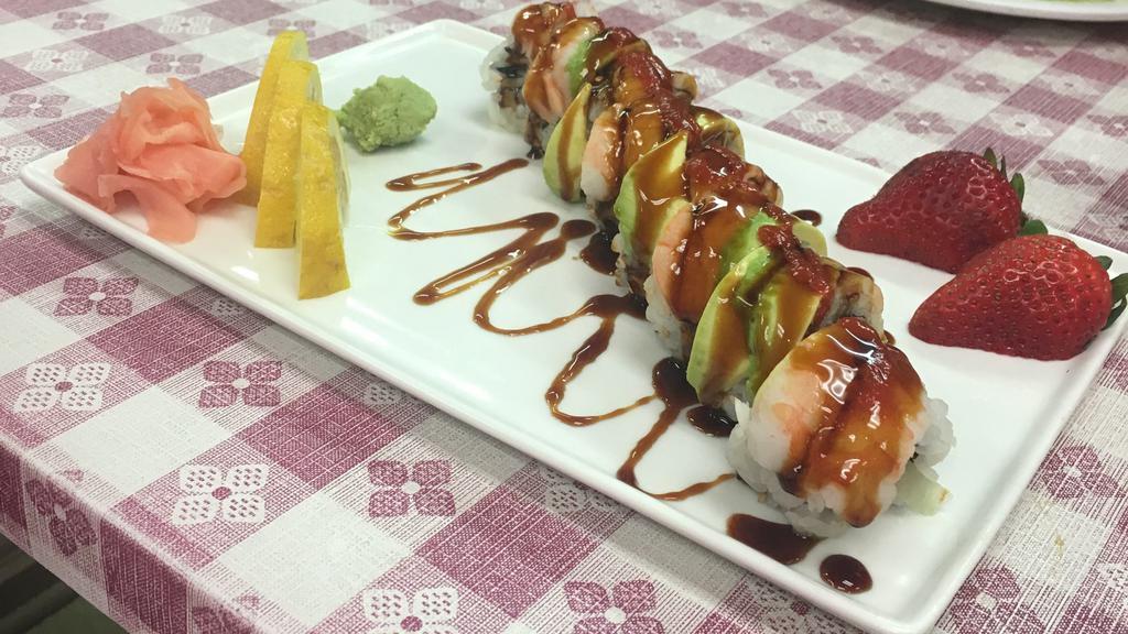 Sweet Hot Roll (8 Pcs) · Crabstick, spicy crawfish, masago top with shrimp, avocado, eels sauce and hot chili sauce on top.