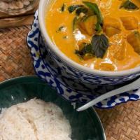 Pumpkin Curry Chicken · Kabocha pumpkin in red curry sauce with chicken roulade