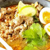Boran Noodle · Spicy noodle soup with ground pork, rice noodle, soft boiled egg & crushed peanut