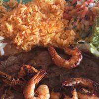 Carne Asada Con Camarones · roasted steak and shrimps, served with rice, beans and salas