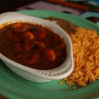 Camarones A La Diabla · shrimps cooked with hot sauce and served with rice and beans