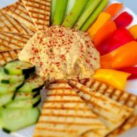 Hummus · served with pita slices, fresh veggies and  baby sweet peppers