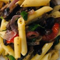 Pasta Mediterranea · penne pasta, caramelized onions, kalamata olives, roasted red peppers, roasted garlic white ...