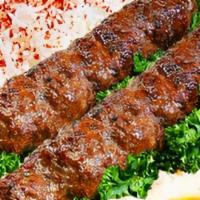 Spicy Kafta Platter · Spicy charcoal-grilled ground lamb or beef mixed with onion and parsley.