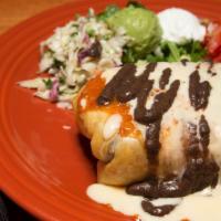Chimichanga · Crispy burrito filled with Ground Beef, Chicken or Steak, pico de gallo black beans, rice, a...