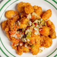 Shrimp Remou-Letta · Crispy Gulf shrimp tossed in Creole remoulade sauce, olive salad.